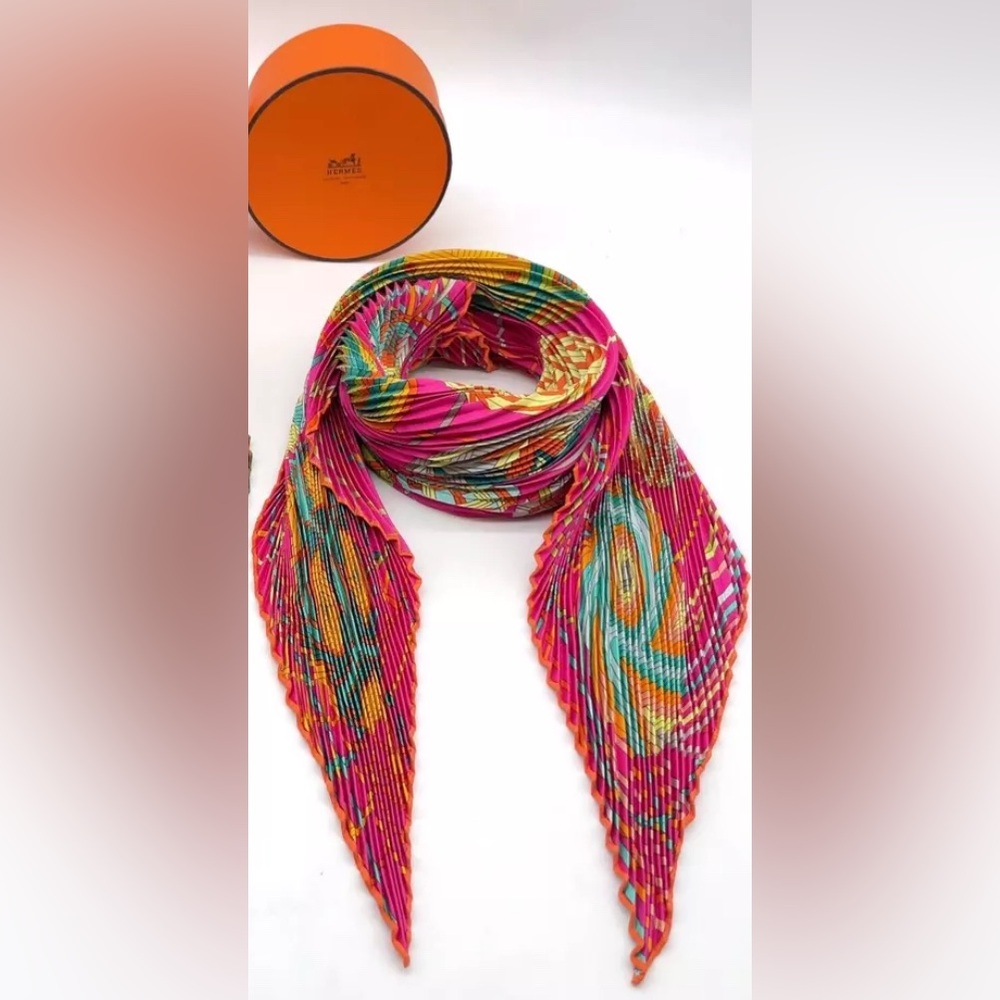 Silk-Blend Pleated Scarf in Fuchsia Multi - Box Included